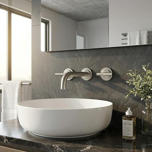 Brushed Nickel Bathroom Faucet,WOWOW 2 Handle Wall Mount Bathroom Faucet, Vessel Sink Faucet Wall Mount and Brass Rough-in Valve Included