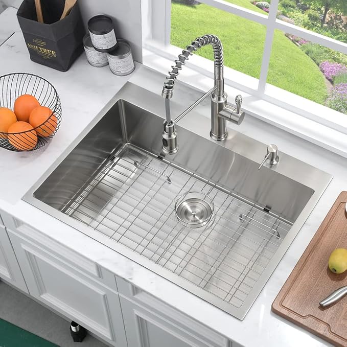 33 Inch Drop In Kitchen Sink-Bokaiya 33x22 Stainless Steel Kitchen Sink Drop In Top Mount 16 Gauge Deep Single Bowl Kitchen Sinks with Dish Grid&Strainer