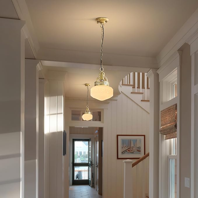 KCO Lighting Vintage Milk Glass Hanging Pendant Light Brass Gold Pendant Light Kitchen Island Mid Century Modern Frosted Globe Chandelier Ceiling Light for Dining Room Living Room