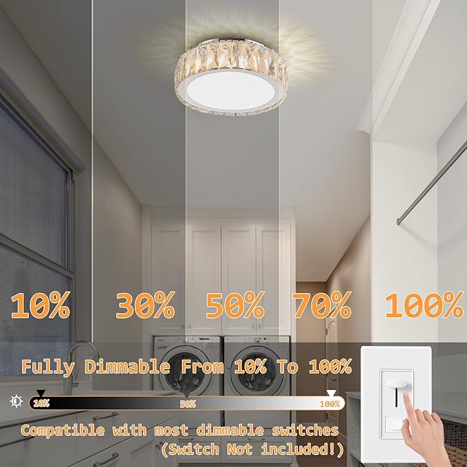 Modern 11 Inch Luxury Crystal Ceiling Light Fixture,Dimmable 3000K-6500K Adjustable LED Lighting Fixtures,Chrome 24W Round Small Chandelier for Kitchen,Bedroom,Laundry Room, Hallway