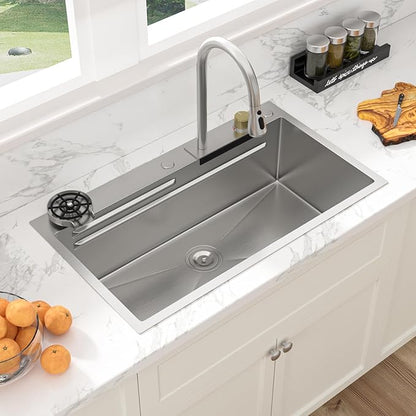 Sarlai Waterfall Kitchen Sink - 33x19 Drop In Sink 33 Inch Topmount Workstation Stainless Steel 16 Gauge Single Bowl Waterfall Kitchen Sink Handmade with Faucet & Glass Rinser
