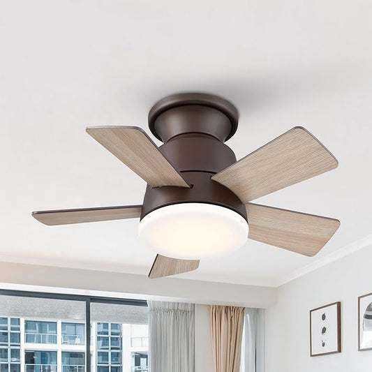 24" Mini Flush Mount Ceiling Fan with Light and Remote, 5-Blade Small Ceiling Fan for Bedroom Kitchen Office, Reversible AC Motor, Hugger Low Profile Fan with 3000K LED Light，Antique Brass