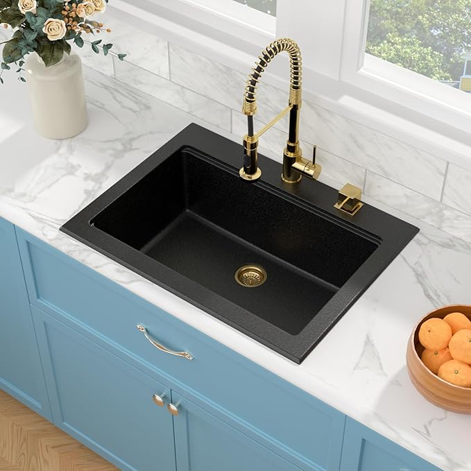 Sarlai 30 Granite Composite Black Kitchen Sink - 30"x22" Drop In Kitchen Sink Ledge Workstation Black Granite Quartz Composite Top-Mount Single Bowl Sinks Basin with Gold Accessories