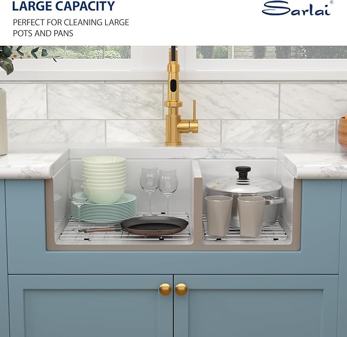Sarlai 33 Double White Farmhouse Sink - 33 x 21 Inch Kitchen Sink Apron Front Double Bowl 60/40 White Porcelain Ceramic Fireclay Kitchen Farm Sinks Basin