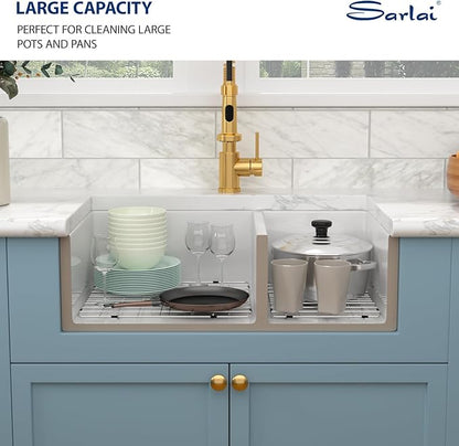 Sarlai 33 Double White Farmhouse Sink - 33 x 21 Inch Kitchen Sink Apron Front Double Bowl 60/40 White Porcelain Ceramic Fireclay Kitchen Farm Sinks Basin