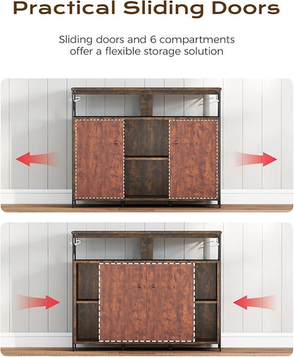 MWOOD Buffet Sideboard Cabinet with Storage, Farmhouse Sideboard Kitchen Buffet TV Console with Sliding Door and Open Shelves for Living Room Entryway, Rustic Brown, 39.4" W x 13" D x 31.5" H