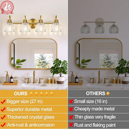 4-Light Bathroom Light Fixtures, 27" Brushed Gold Vanity Lights for Bathroom with Ribbed Clear Tulip Glass Shade, Vintage Bathroom Vanity Lighting Fixtures Over Mirror for Bedroom Living Room Hallway