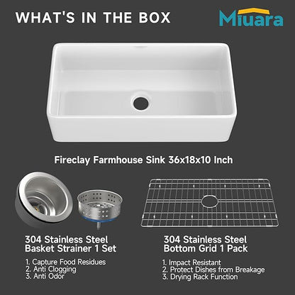 Miuara Farmhouse Sink 36 Inch - Extra Large Apron Front Kitchen Sink Reversible 36"x18"x10", Undermount Installation, Farm House ﻿Style Single Bowl, Solid Fireclay, Glossy White, for Kitchen