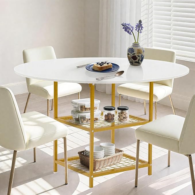 EROMMY Round Dining Table for 4, 47" Wood Kitchen Table with Storage Shelves, Modern Dinner Table for Dining Room Kitchen Living Room, White Gold(Only Table)