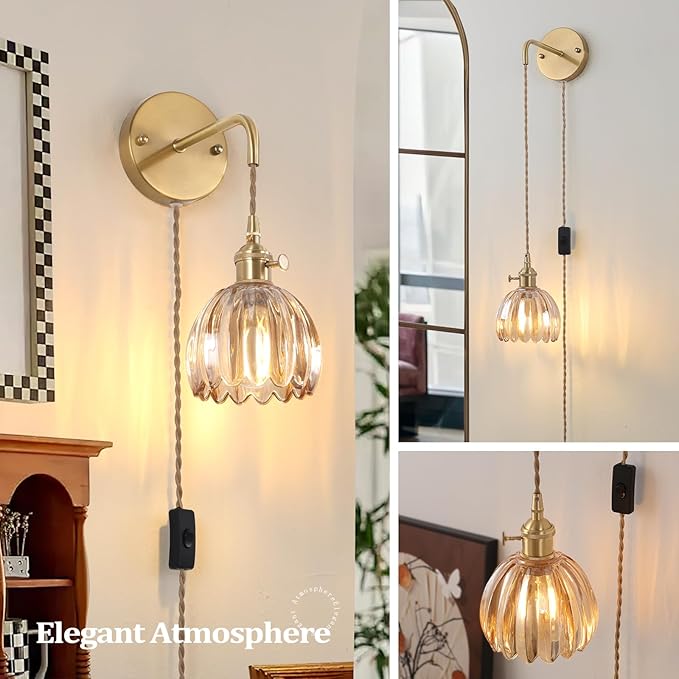 Shenmoyl Vintage Wall Sconce Wall Lamp with Amber Tulip Glass Shade Hanging Wall Sconce with 4.9FT Plug in Cord, Modern Wall Lamp Fixtures Decor for Bedside Bedroom Indoor Doorway