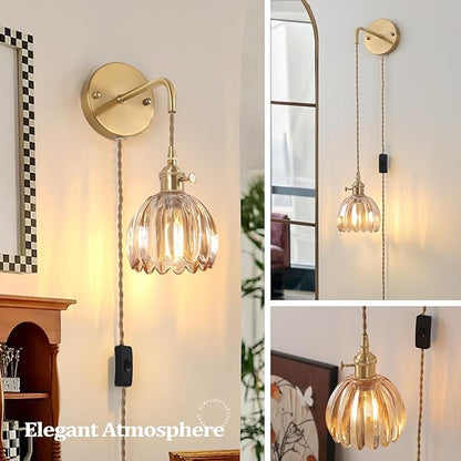 Shenmoyl Vintage Wall Sconce Wall Lamp with Amber Tulip Glass Shade Hanging Wall Sconce with 4.9FT Plug in Cord, Modern Wall Lamp Fixtures Decor for Bedside Bedroom Indoor Doorway