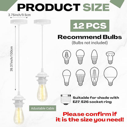 12 Pack Industrial Mini Pendant Light Kit Bulk, UL E26/E27 Lamp Socket 3.28 ft Adjustable Hanging Light Cord Kit Edison Vintage Retro Ceiling Lamp Fixture for Kitchen Bar Decor(White)