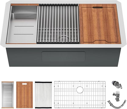 32x19x10 Inch Undermount Kitchen Sink, Top Mount SUS304 Stainless Steel 16 Gauge Single Bowl, with Brushed Finish hides scratches Handmade Drop in Workstation Prep Kitchen Sinks