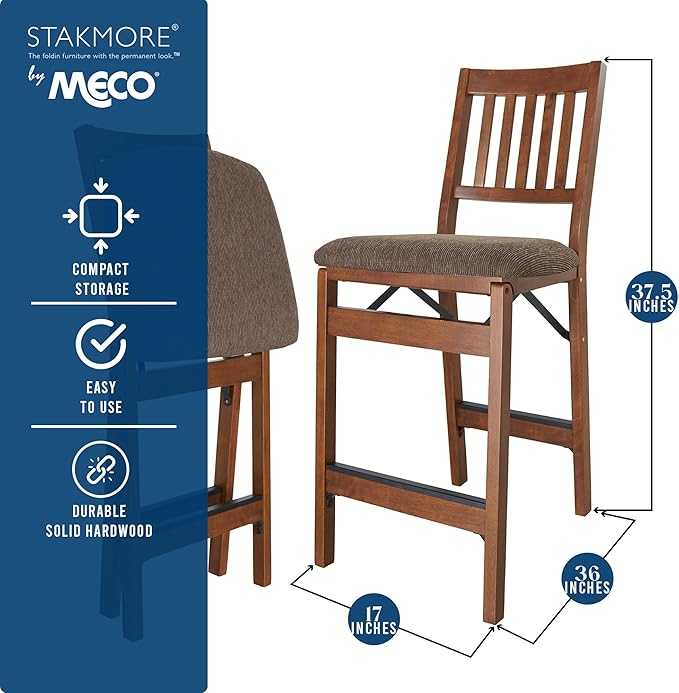 MECO Stakmore Solid Wood Dining Table Counter Stools Set - Fabric Padded Upholstered Seat & Steel Folding Mechanism, Fruitwood Frame & Jax Fabric