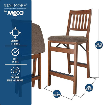 MECO Stakmore Solid Wood Dining Table Counter Stools Set - Fabric Padded Upholstered Seat & Steel Folding Mechanism, Fruitwood Frame & Jax Fabric