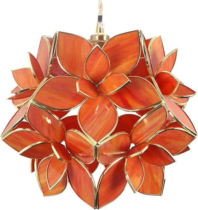 Bieye L10920 Petals Tiffany Style Stained Glass Ceiling Pendant Light for Home Decoration (Orange, 12" Rose Lily)