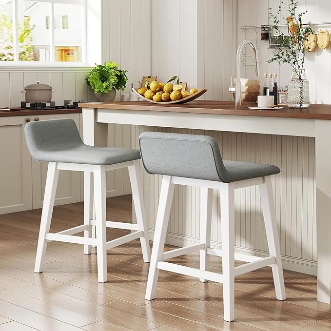 Giantex 24" Bar Stools Set of 2, Upholstered Counter Height Barstools with Low Back, Footrest, Armless Wood Bar Chairs for Kitchen Island, Dining Room, White & Gray