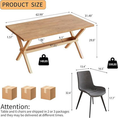 HIPIHOM 63" Dining Table Set for 4 with PU Chairs, MDF Kitchen & Dining Room Tables with Heavy Duty Metal Legs, Perfect for Small Spaces and Home Entertainment