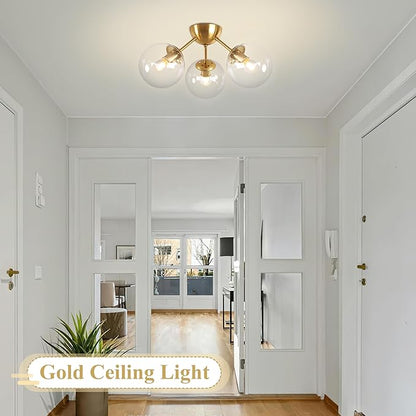 Bagood Mid-Century Modern Semi Flush Mount Ceiling Light 3 Lights Clear Glass Modern Globe Ceiling Light Gold Brass Sputnik Chandeliers for Hallway Entryway Kitchen Bedroom Laundry(Bulb Incl.)