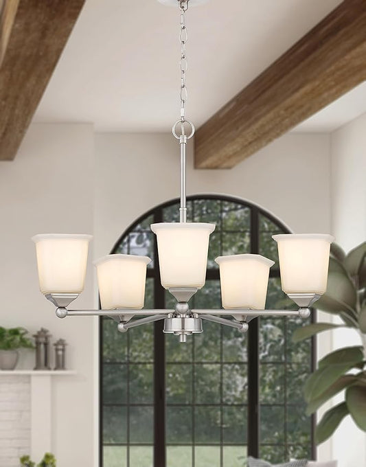Tawson Nox 5-Light Chandelier Pendant Ceiling Light Brushed Nickle White Glass Shade Adjustable Height for Hallway, Entryway, Passway, Dining, Bedroom, Kitchen, Balcony Living Room