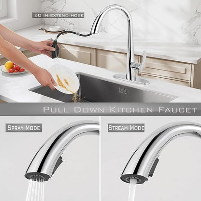 Chrome Kitchen Faucet with Pull Down Sprayer Single Hole, Motion Sensor Touchless Single Handle Kitchen Sink Faucet, Stainless Steel Hand Free Sink Faucet for Kitchen 1 or 3 Hole