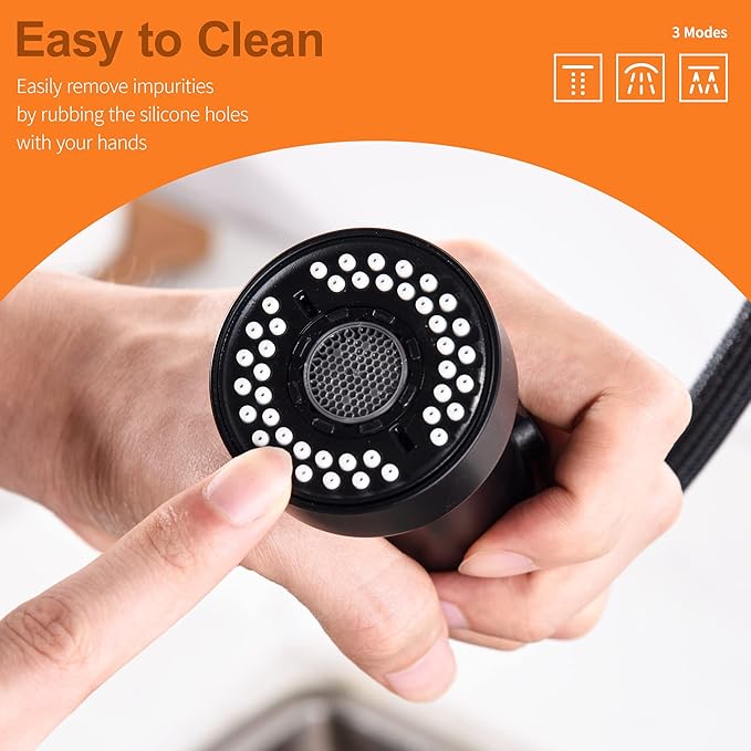TIORIY Kitchen Faucet Head Replacement Black, with 15 Adapters Plastic Pull Down Faucet Spray Head, 3 Modes Pull Out Kitchen Sink Sprayer Nozzle, Matte Black
