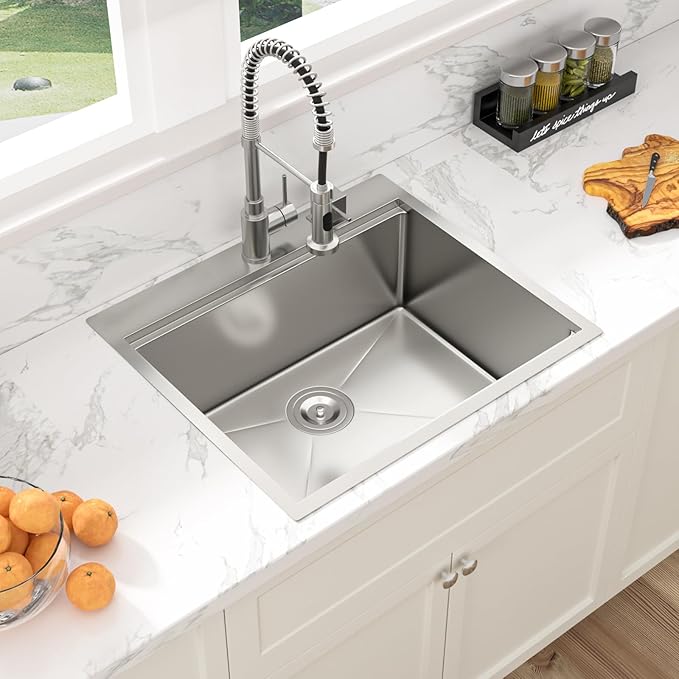 Sarlai 25 Kitchen Sink Drop-In Workstation - 25 x 22 Inch Topmount Ledge Stainless Steel 16 Gauge Single Bowl Over Counter for Kitchen, Laundry, Utility Room