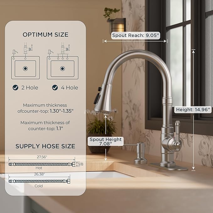 FORIOUS Vintage Kitchen Faucet with Soap Dispenser and Pull Down Sprayer, Brushed Nickel High Arc Single Handle Stainless Steel Classic Sink Faucet for Farmhouse Camper Rv Bar, Fit for 1 or 3 Hole