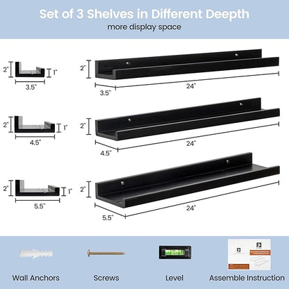 Picture Ledge Wall Shelves 24 inches Width Set of 3, Solid Pine Wood Rustic Floating Ledge Shelves for Kids' Room Bedroom Kitchen Bathroom Living Room Nursery Display Wall Decor, Black