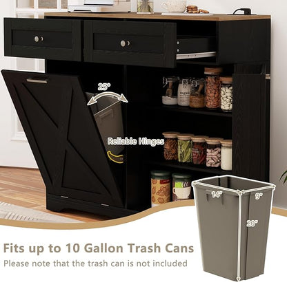 Giantex Kitchen Island with Tilt Out Trash Can Cabinet 10 Gallon, Power Outlet, 2 Drawers, Adjustable Shelves, Hidden Storage Garbage Bin Cabinet for Dining Room Laundry Room (Black+Walnut)