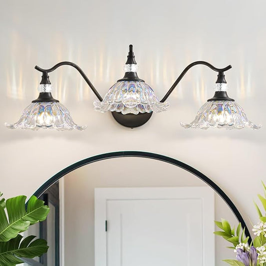 Vintage Bathroom Vanity Light Fixtures - 3 Light Iridescent Flower Glass Antique Matte Black Bathroom Lights Fixture Over Mirror,Retro High End Wall Mounted Vanity Lighting for Bath Powder Room