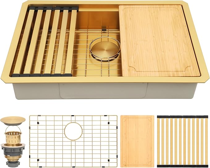 Gold Undermount Kitchen Sink, 16 Guage 304S Stainless Steel Workstation Sinks with Ledge & Accessories, 27" x 18" x 6" ADA-Compliant Single Bowl Kitchen Sinks, 6 Inch Depth RV Kitchen Sink