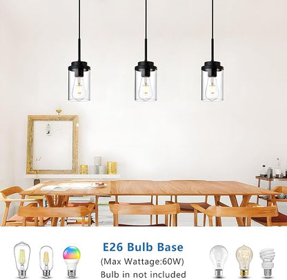 MELUCEE 3 Pack Hanging Pendant Lighting Fixtures Black, Adjustable Hanging Ceiling Lamp with Clear Glass Shade, Modern Pendant Light for Kitchen Island Dining Room Bedroom Hallway