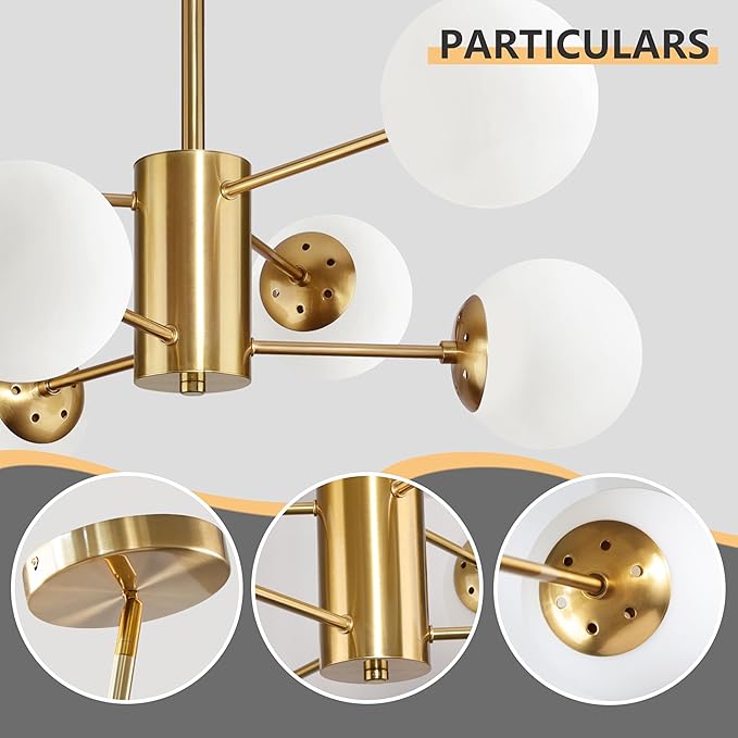 Bagood 6-Light Globe Sputnik Chandelier Milk Glass Modern Gold Chandelier Light Fixture Mid Century Sputnik Chandeliers Pendant Light Frosted Globe Adjustable Hanging Ceiling Light for Entryway