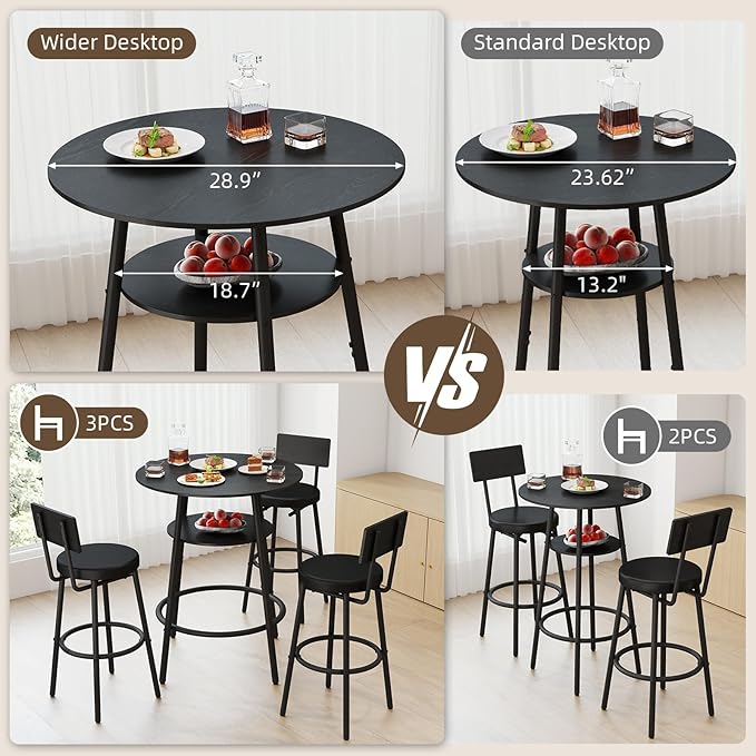 Zevemomo 4 Pieces 28.9" Round Bar Table Set, Bar Stool Table Set of 3, Black Kitchen Bar Table, Breakfast Table with Storage, 3 Thickened Cushion Stools with Backrest for Small Space & Bistro-Black
