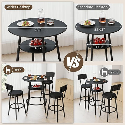 Zevemomo 4 Pieces 28.9" Round Bar Table Set, Bar Stool Table Set of 3, Black Kitchen Bar Table, Breakfast Table with Storage, 3 Thickened Cushion Stools with Backrest for Small Space & Bistro-Black