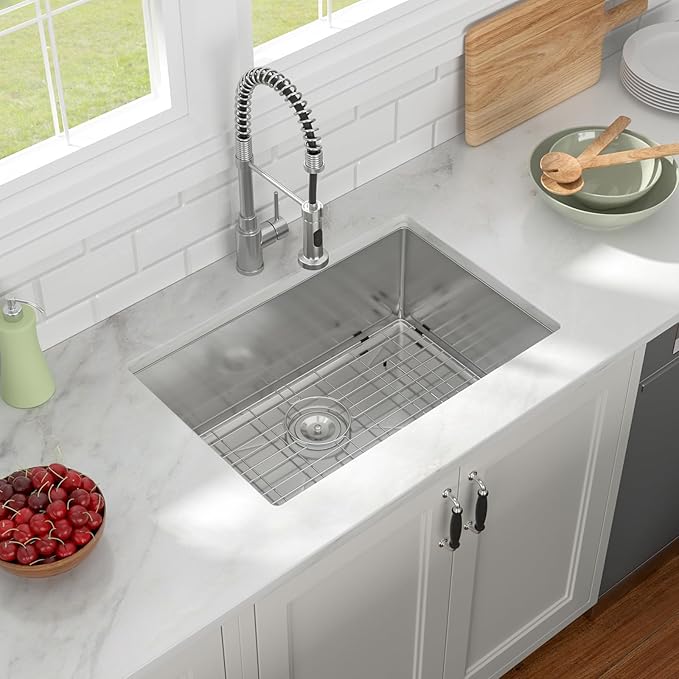27x18 Inch Undermount Kitchen Sink 16 Gauge 304 Stainless Steel Handmade Single Bowl Deep Basin Modern Under Counter Design