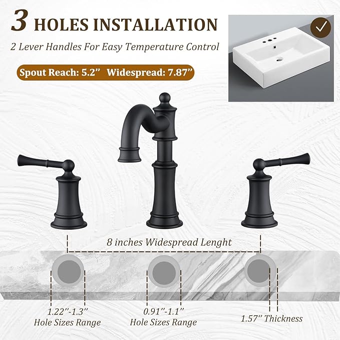 Roman Bathroom Sink-Faucet 3-Holes, Matte Black Rotated Spout Vanity Basin Faucets 3 Holes 2 Handles 8 inches Widespread Deck Mount Brass Faucet for Sink with Overflow Pop Up Drain NL2204-BK