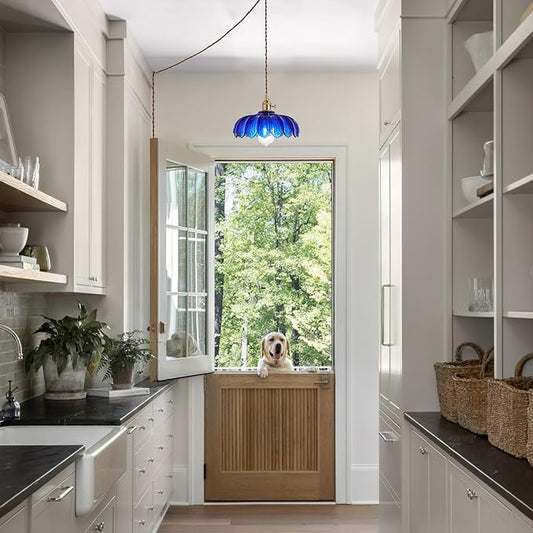 XZHGCEE Plug in Pendant Light: Bule Hanging Light Plug in Fixture Hanging Lamp, Glass Pendant Lighting for Kitchen Island, Bedroom, Dining Room, Living Room, E26 No Bulb