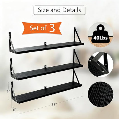 Floating Book Shelves Set of 3, Wall Bookshelf, 33 inch Long Wood Shelf for Wall Storage, Hanging Shelving for Bedroom, Bathroom, Living Room, Kitchen, Office and Plants (Black)
