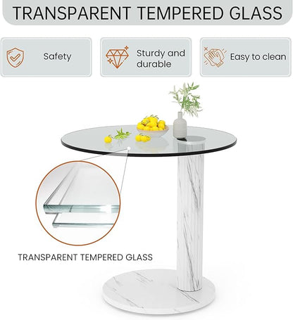 Hooseng Glass Round Coffee Table End Table, 22-Inch Modern Tempered Transparent Glass Top,Perfect for Living Room,Cafe,Home,and Office(White)