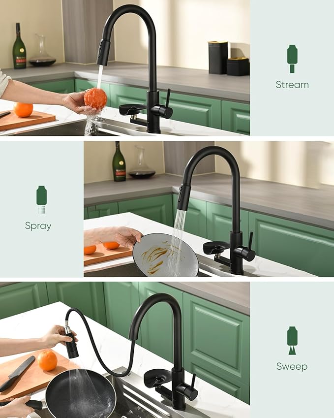 OWOFAN Kitchen Faucet with Cup Washer Pull Down Sprayer Stainless Steel Kitchen Sink Faucet with Deck Plate Glass Rinser Single Hole Black