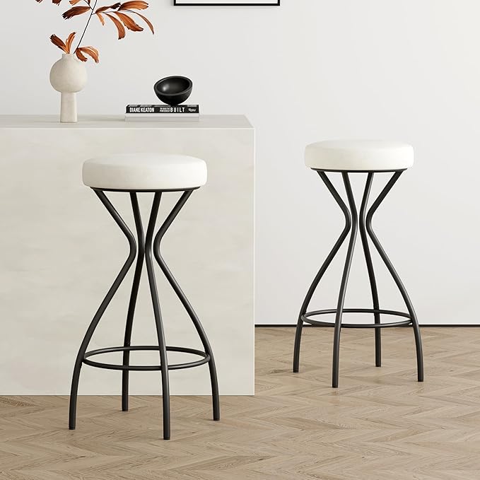 Modern Backless Bar Stools Set of 2 Round Upholstered Counter Stools for Kitchen Island Velvet Dining Chairs，Creamy White