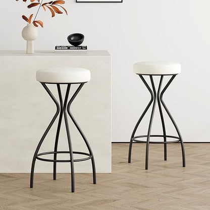 Modern Backless Bar Stools Set of 2 Round Upholstered Counter Stools for Kitchen Island Velvet Dining Chairs，Creamy White