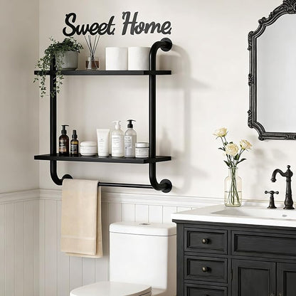 Tinpin Bathroom Shelves Wall Mounted, Rustic Farmhouse Pipe Shelves, Wall Shelves 2-Tier, Industrial Pipe Shelving, Floating Shelf Decor for Bathroom, Bedroom, Living Room Thanksgiving 17.3in Black
