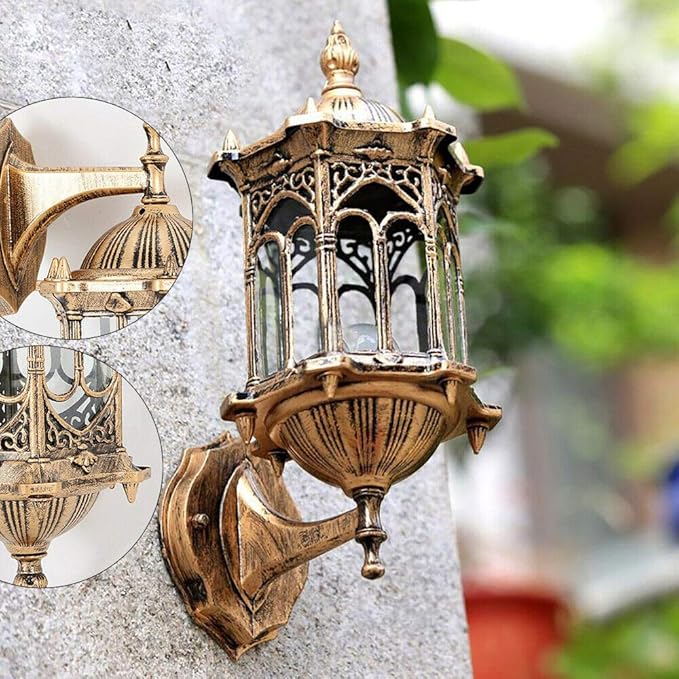 FIKNEE E27 Vintage Retro Wall Lamp Exterior Wall Mount Light Fixture, Antique Brass Lanterns Glass Sconce for Indoor Outdoor Garden Porch Walkway Sconce(6.1 * 13.19”)
