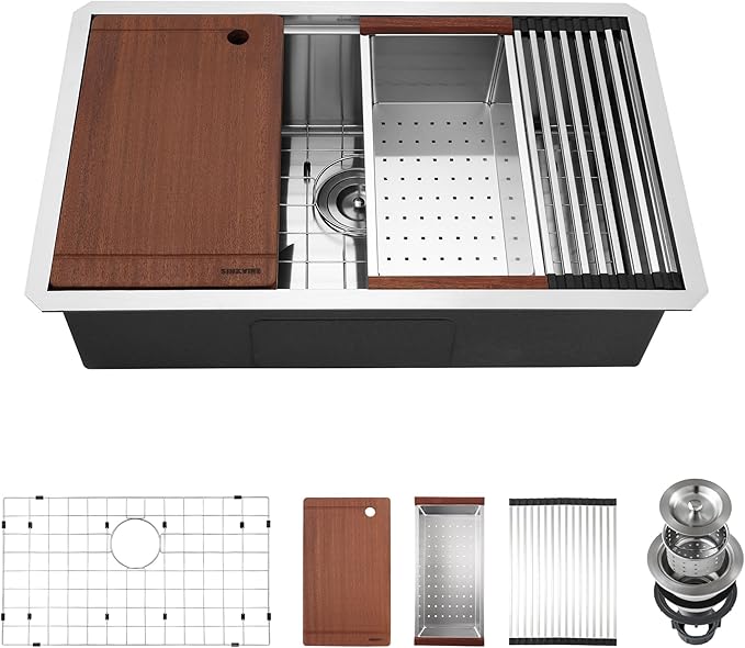 30-inch Undermount Kitchen Sink Workstation, SINKVINE 30x19 Large Outdoor Prep Sink BBQ, Stainless Steel Single Bowl w/Sapele-Wood Cutting Board, SST Colander w/Wood Handle, and Roll-up Dish Drying