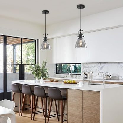 Black Pendant Lights Kitchen Island 2 Pack, 6.5" Modern Farmhouse Smoked Glass Pendant Light, Island Lights for Kitchen, Mini Pendant Lighting for Kitchen Island Dining Room