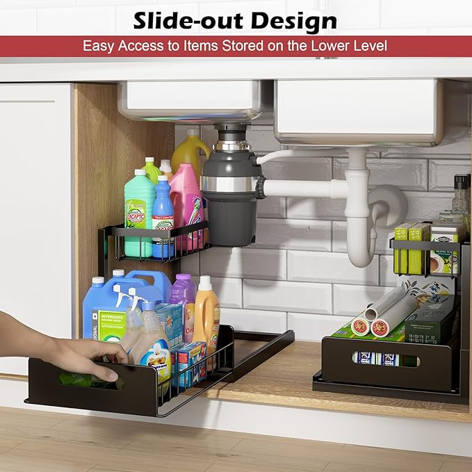 REALINN Under Sink Organizer, L-Shaped 2 Tier Pull Out Cabinet Organizer for Kitchen and Bathroom, Slide Out Under Cabinet Storage, Metal Under Sink Storage with Sliding Drawer, 50 lbs, Black 2 Pack
