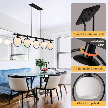 WJShome Dining Room Light Fixture/Chandelier Over Table, 5-Light Modern Kitchen Island Lighting Hanging for Farmhouse Linear Chandeliers Matte Black Ceiling Pendant Light Fixtures with Glass Shade